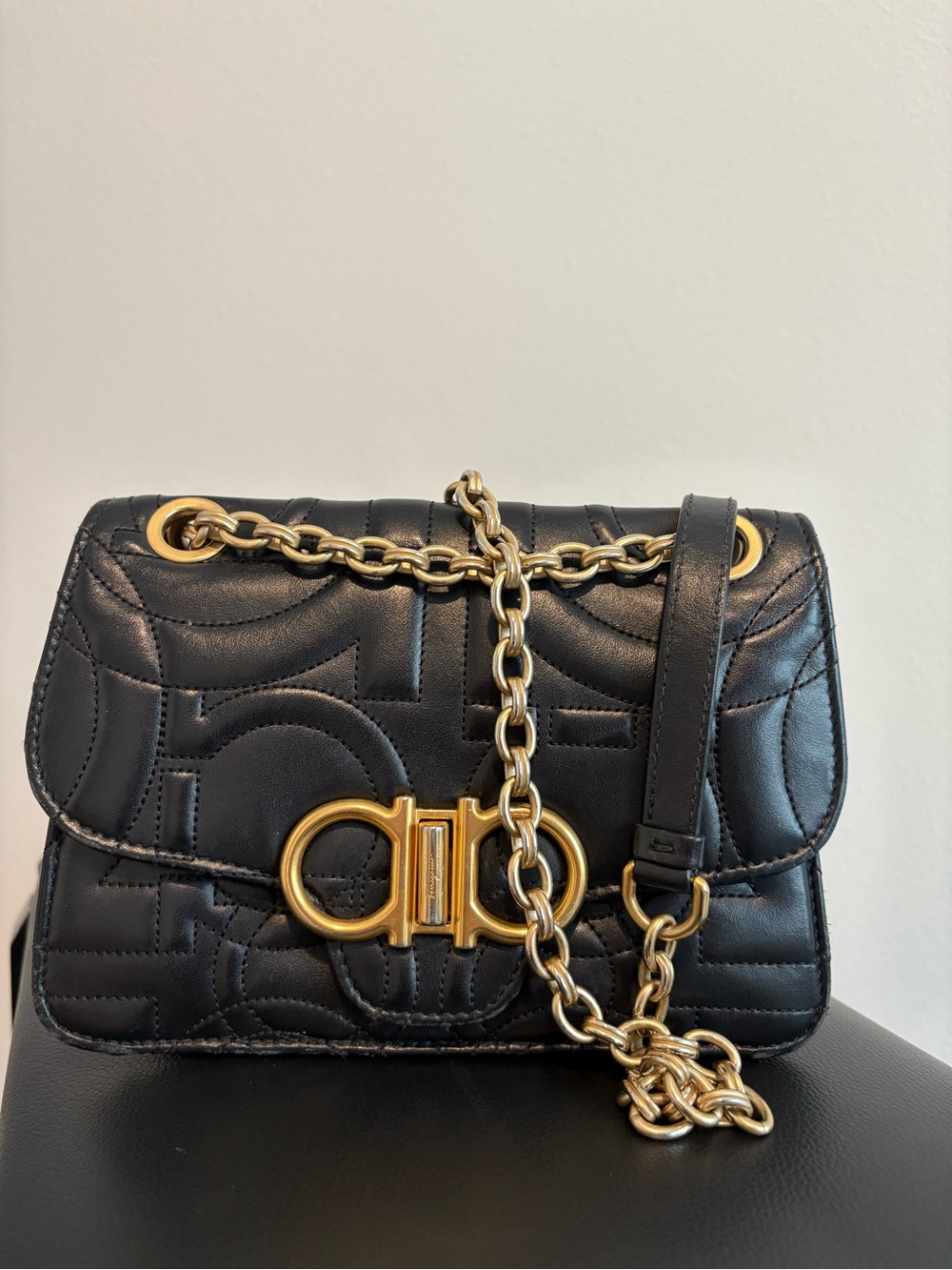 Salvatore Ferragamo Black Quilted Giancini Leather Shoulder Bag with Gold Chain